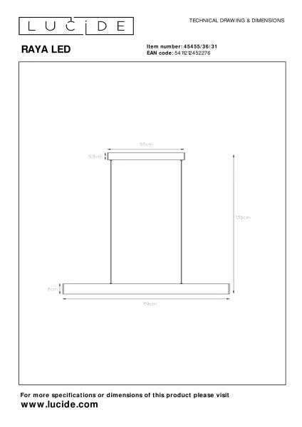 Lucide RAYA LED - Suspension - LED Dim. - 1x36W 2700K - Blanc - technique